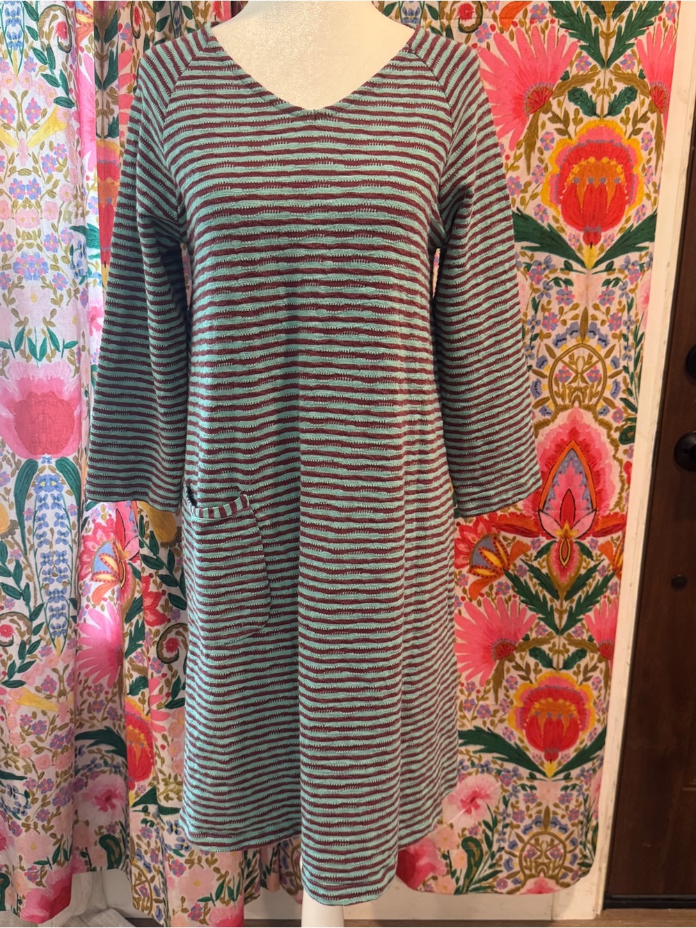 Gudrun Sjoden Striped Teal and Brown Knit Dress SMALL